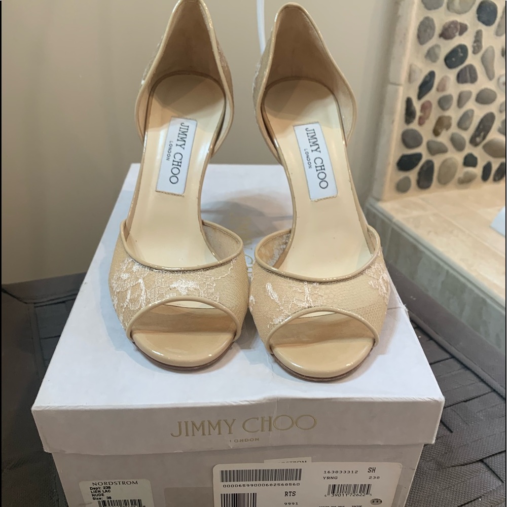 Jimmy Choo Beige Lace Open-Toe Heels